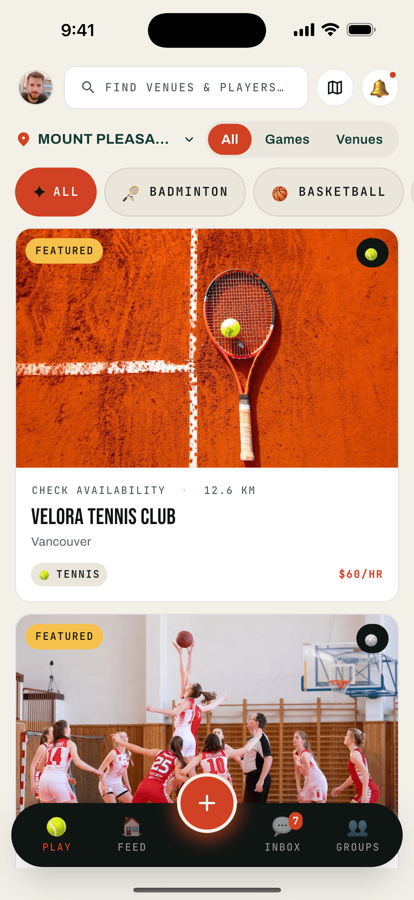 TapNGame Play tab showing pickup games and bookable venues filtered by sport